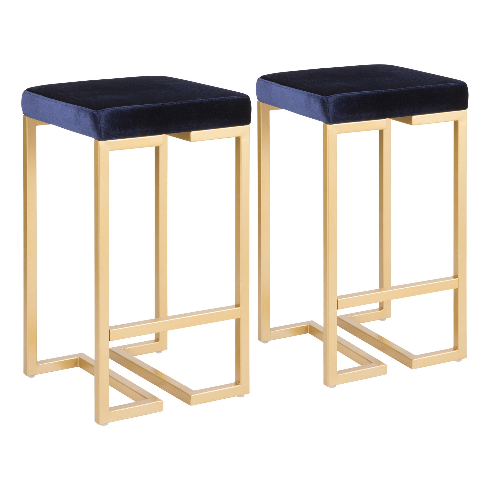 Midas 26" Contemporary-Glam Counter Stool in Gold with Blue Velvet Cushion by LumiSource - Set of 2