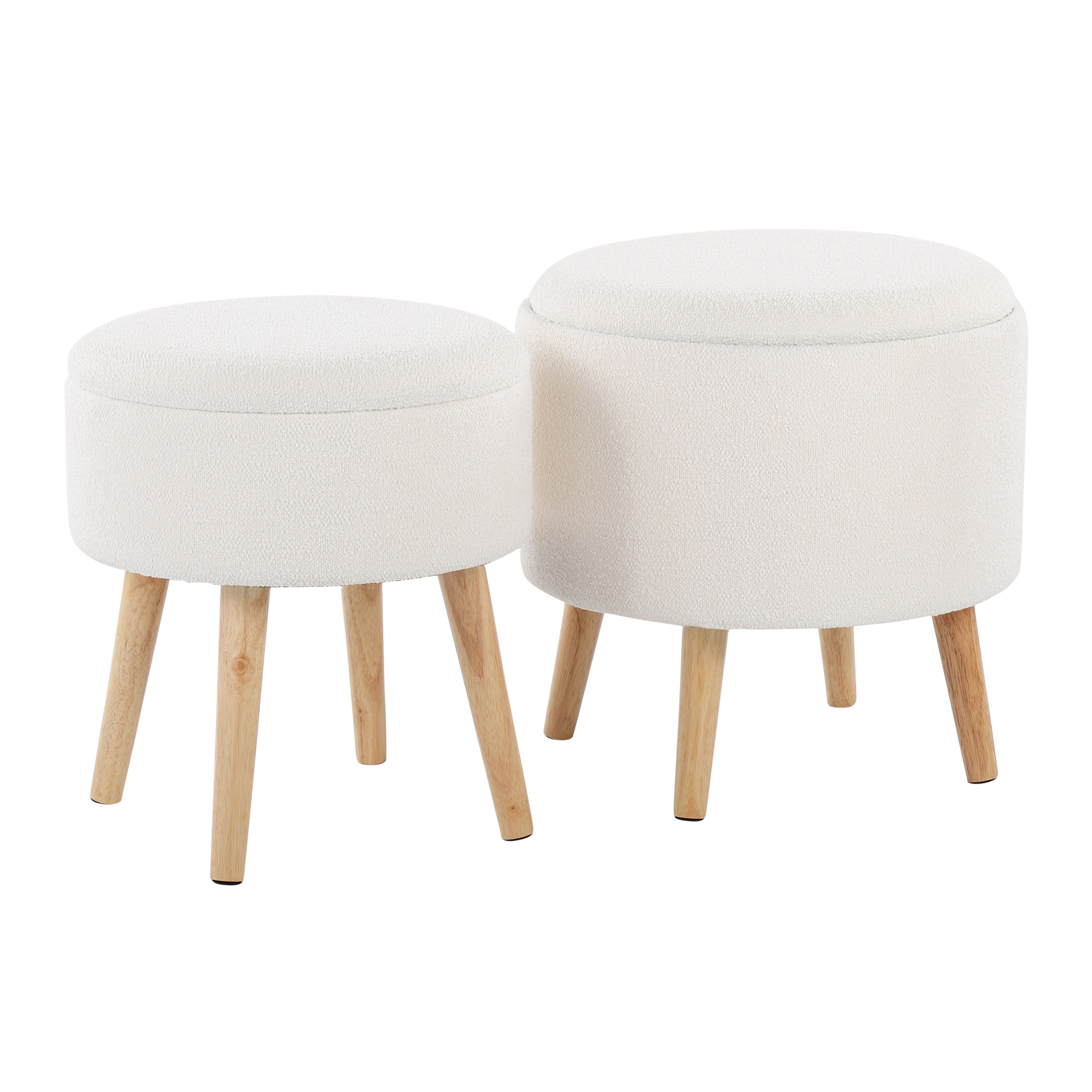 Tray Contemporary Storage Ottoman with Matching Stool in Textured Cream Fabric and Natural Wood Legs by LumiSource