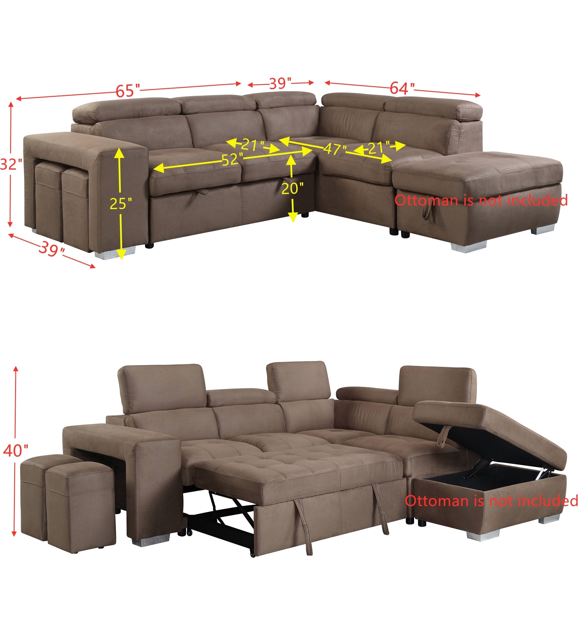 ACME Acoose Sleeper Sectional Sofa w/2 Pullout Stools, Brown Fabric LV01025