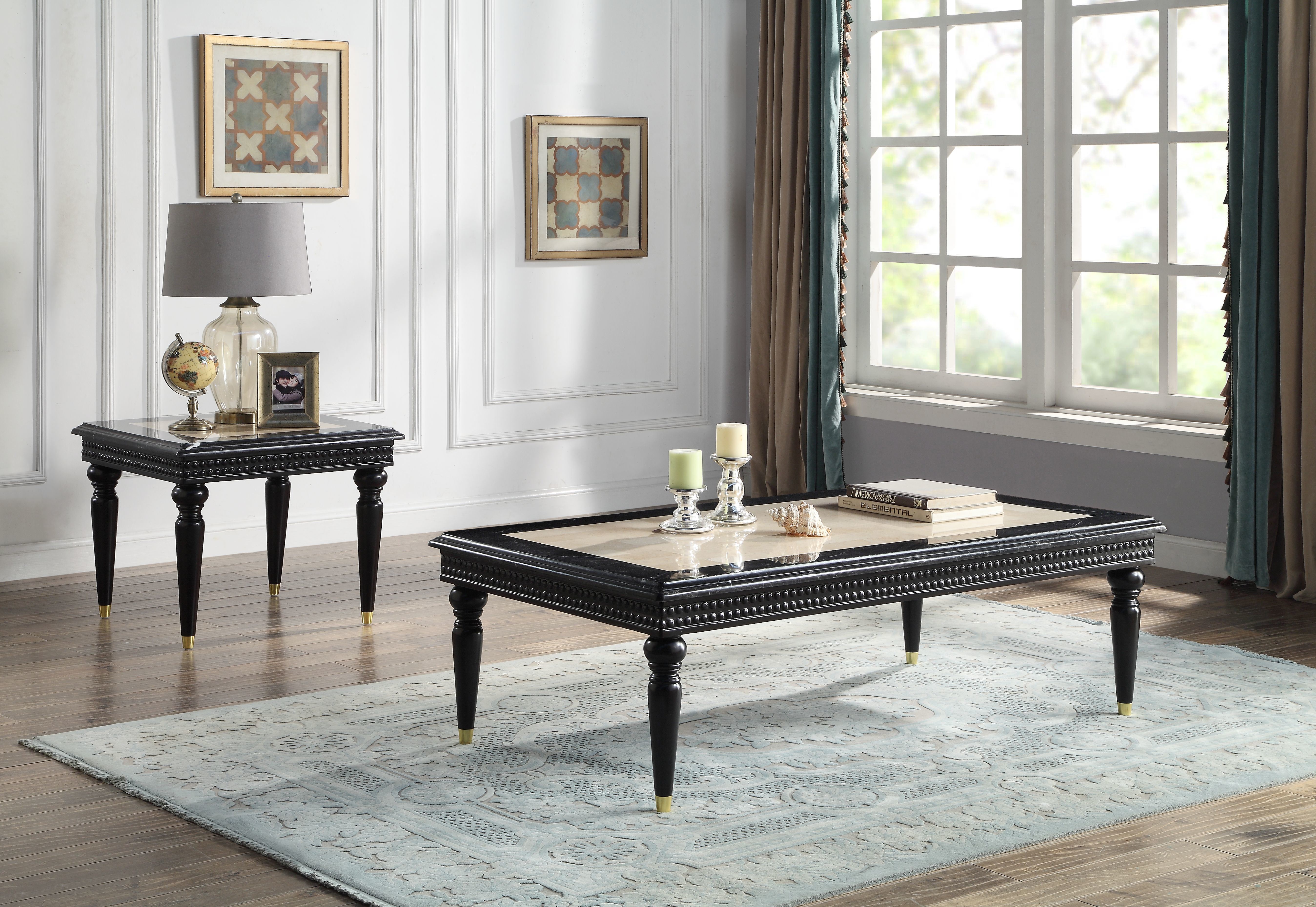 ACME Tayden Coffee Table w/Marble Top, Marble Top & Black Finish LV01158