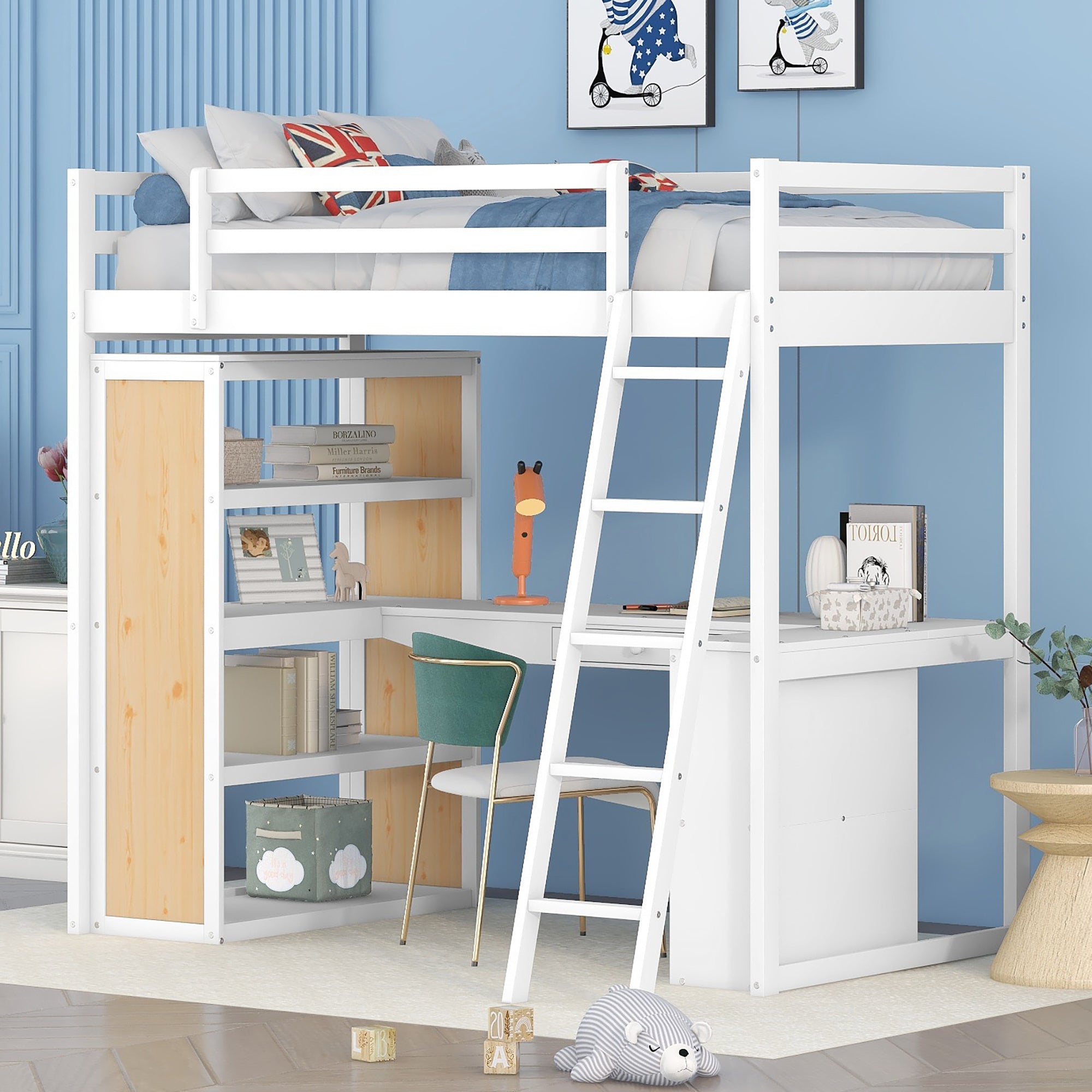 Twin Size Loft Bed with Ladder, Shelves, and Desk, White(OLD SKU:LT000225AAK)