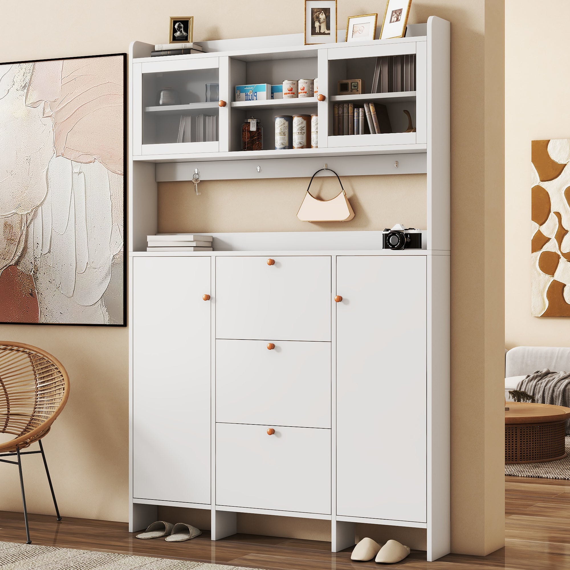 [VIDEO provided] ON-TREND Contemporary Shoe Cabinet with Open Storage Platform, Tempered Glass Hall Tree with 3 Flip Drawers, Versatile Tall Cabinet with 4 Hanging Hooks for Hallway, White