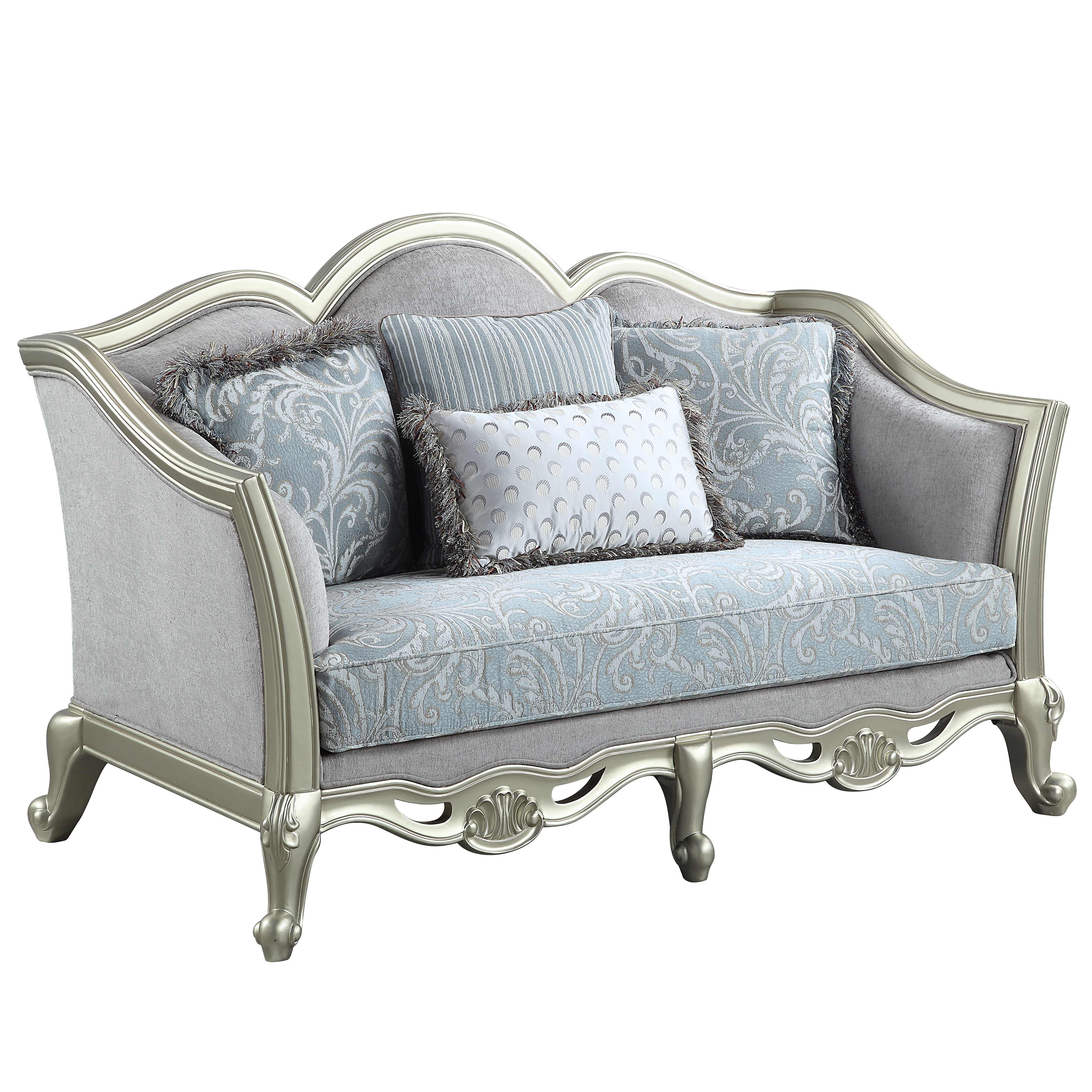 ACME Qunsia Loveseat w/4 Pillows, Light Gray Linen & Champagne Finish LV01118