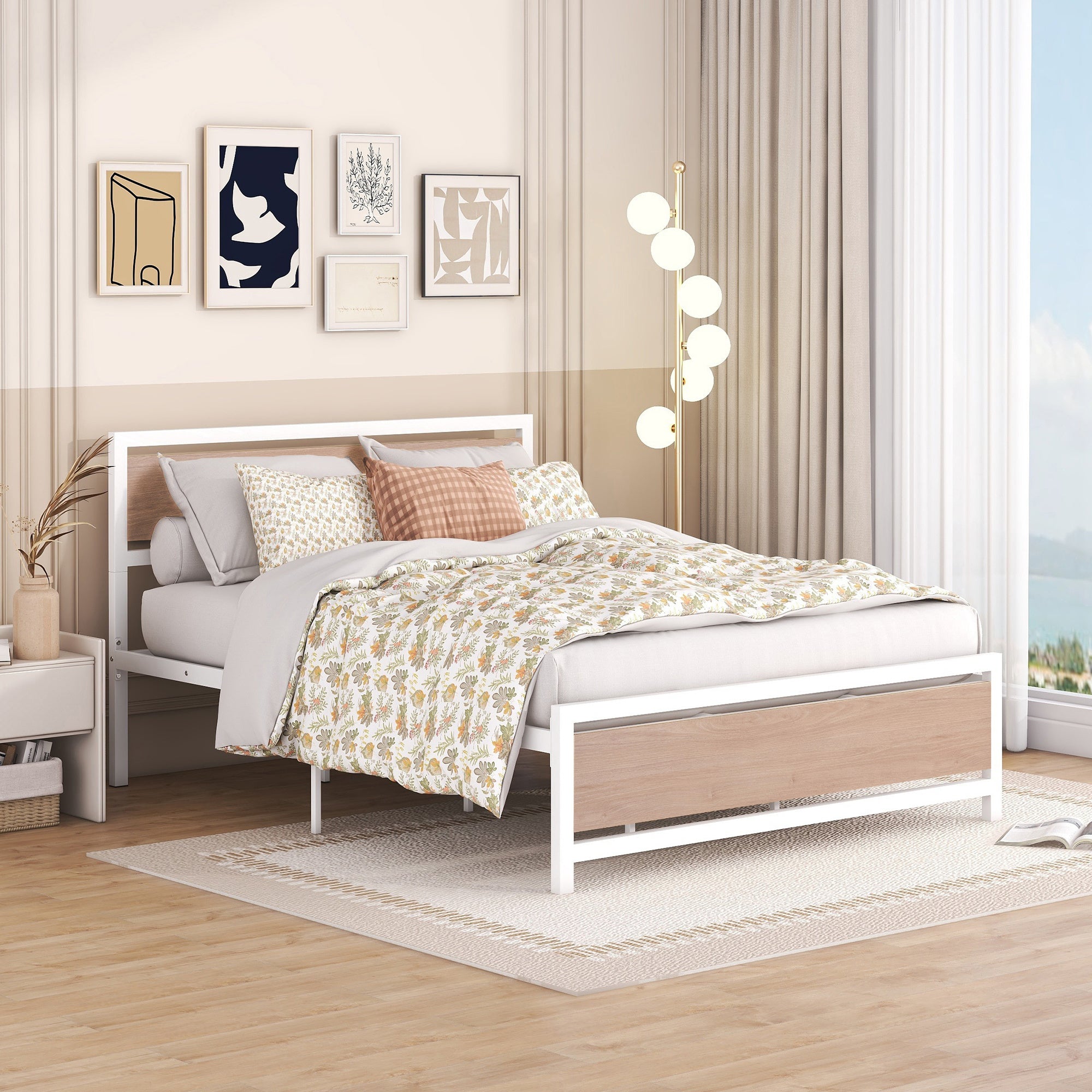 Queen Size Platform Bed, Metal and Wood Bed Frame with Headboard and Footboard , White