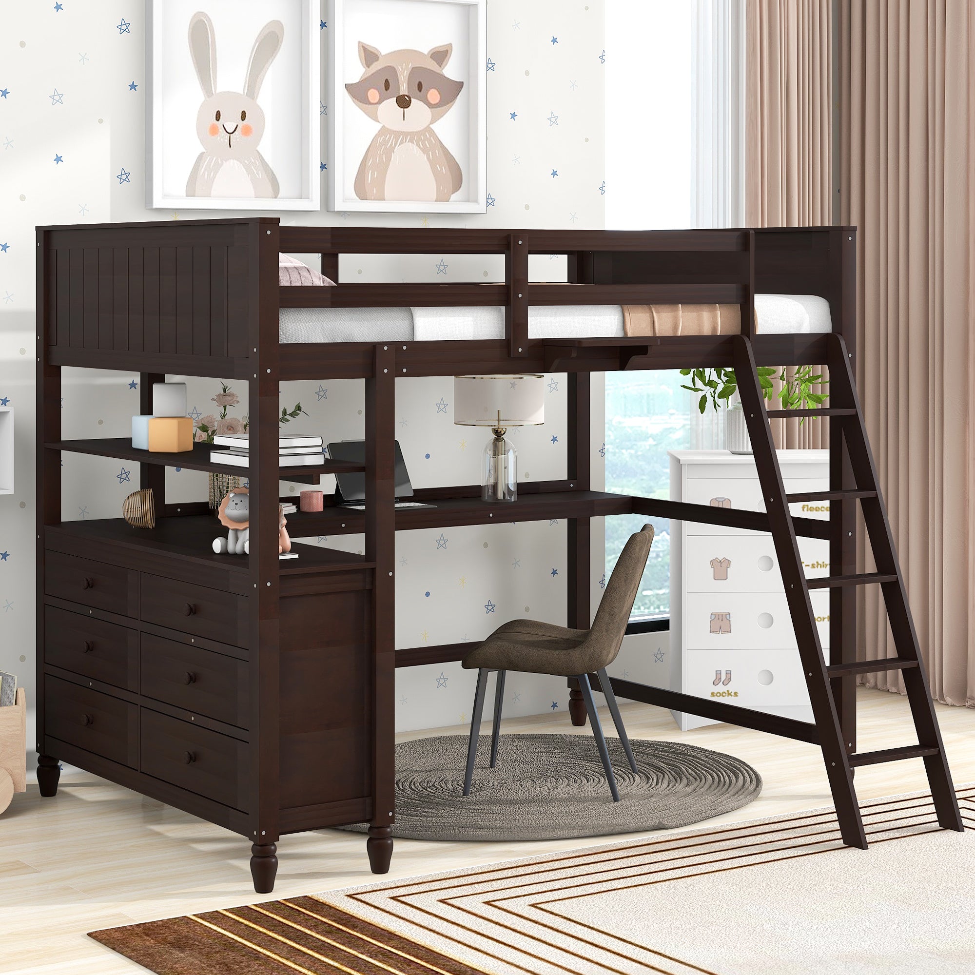 Full size Loft Bed with Drawers and Desk, Wooden Loft Bed with Shelves - Espresso(OLD SKU:LT000529AAP)