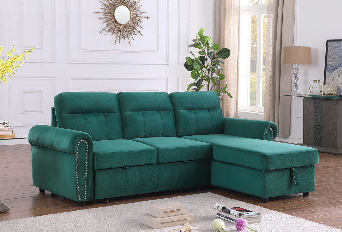 Ashton 96.5" Green Velvet Fabric Reversible Sleeper Sectional Sofa Chaise