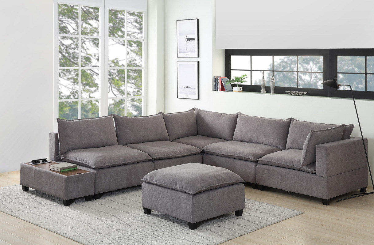 Madison 131.5" Light Gray Fabric 7Pc Modular Sectional Sofa with Ottoman and USB Storage Console Table