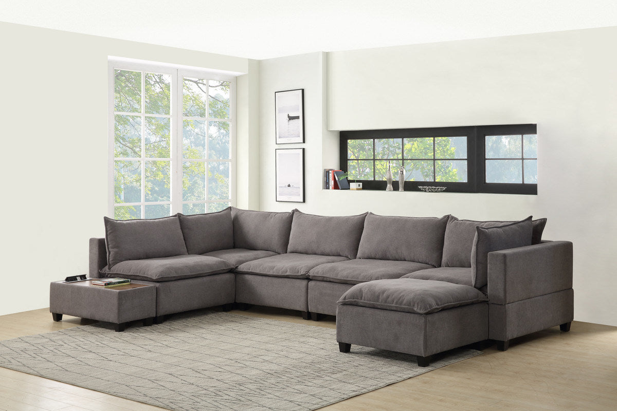 Madison 157" Light Gray Fabric 7Pc Modular Sectional Sofa Chaise with USB Storage Console Table