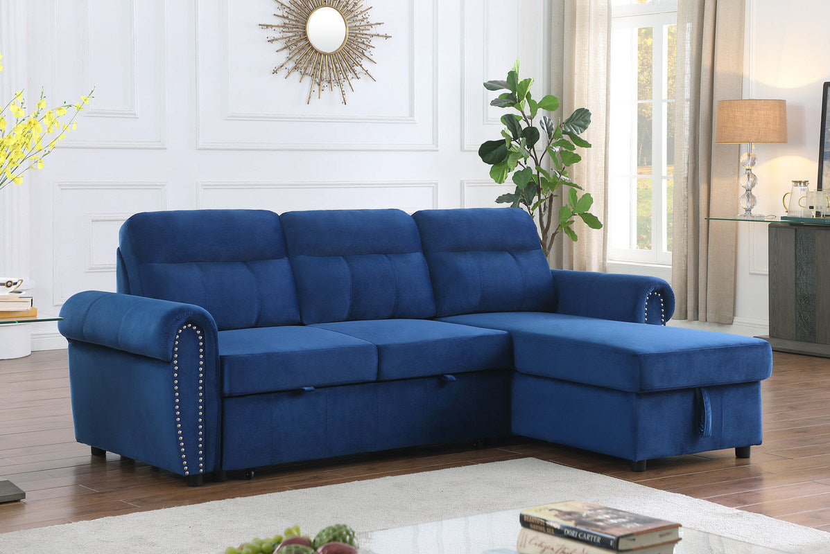 Ashton 96.5" Blue Velvet Fabric Reversible Sleeper Sectional Sofa Chaise