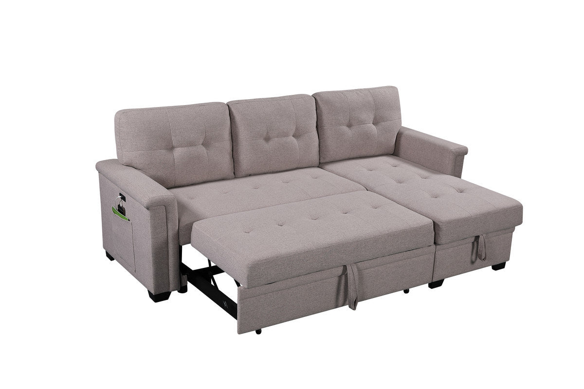 Nathan 84" Light Gray Reversible Sleeper Sectional Sofa with Storage Chaise, USB Charging Ports and Pocket