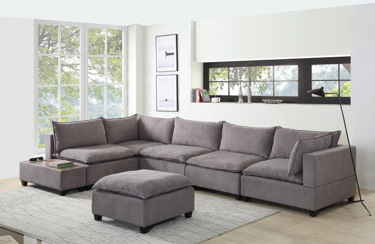 Madison 157" Light Gray Fabric 7 Piece Modular Sectional Sofa with Ottoman and USB Storage Console Table