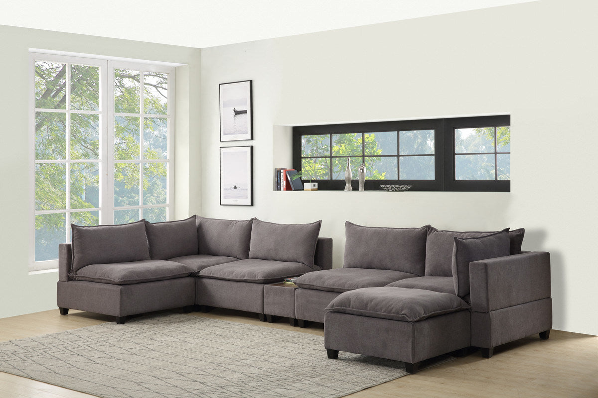 Madison 173" Light Gray Fabric 7-Piece Modular Sectional Sofa Chaise with USB Storage Console Table