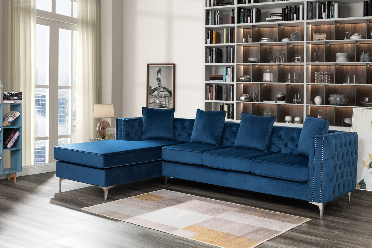 Ryan 109" Deep Blue Velvet Reversible Sectional Sofa Chaise with Nail-Head Trim