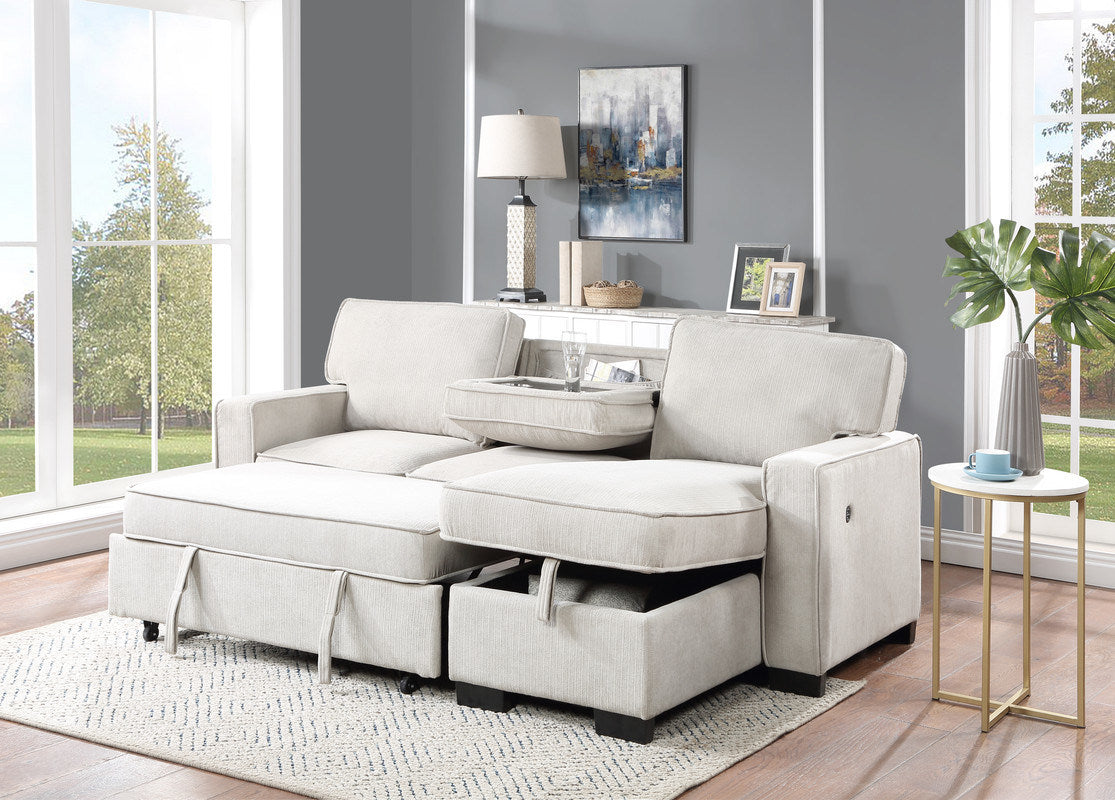 Estelle 86.5" Beige Fabric Reversible Sleeper Sectional with Storage Chaise Drop-Down Table 2 Cup Holders and 2USB Ports