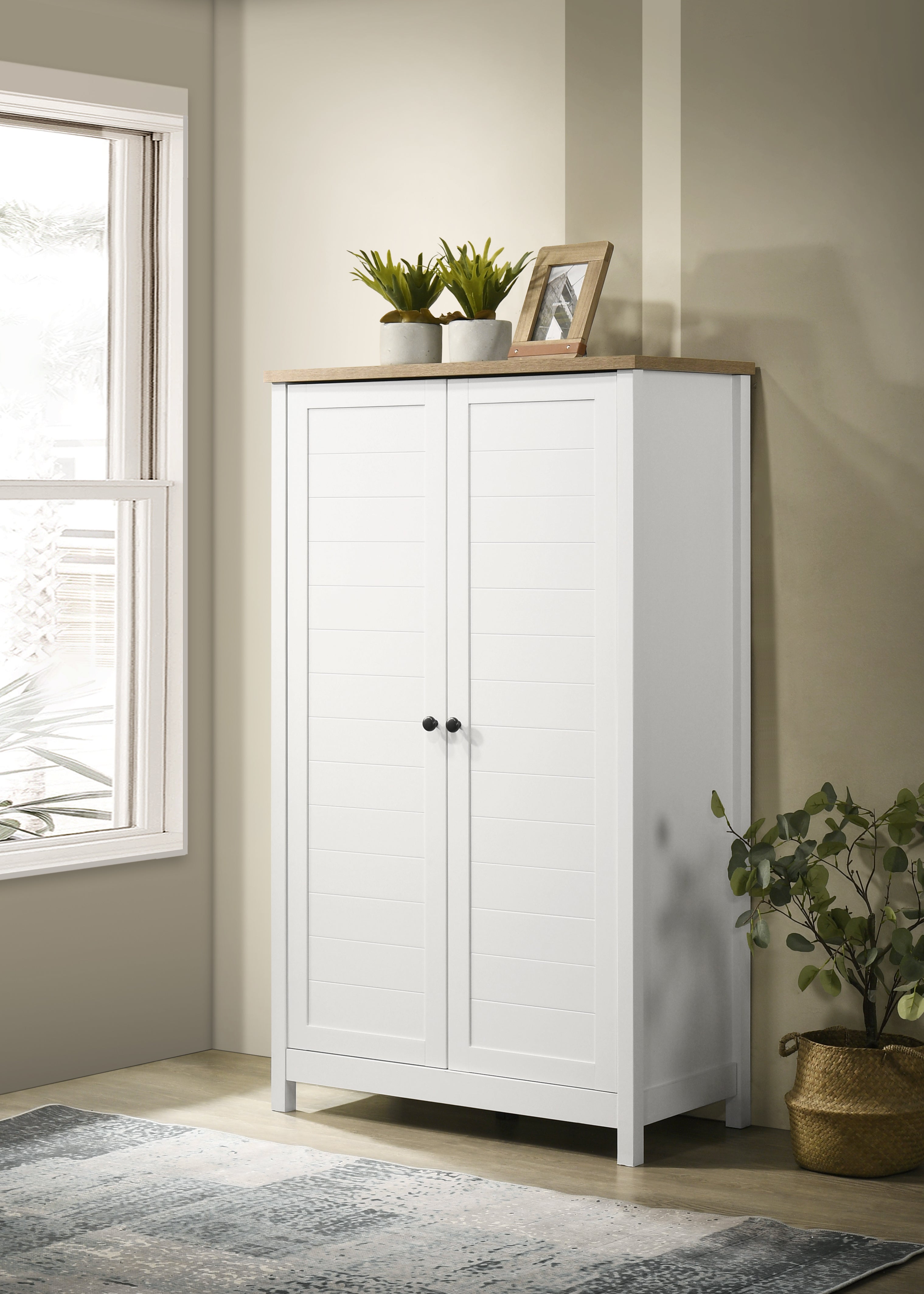 Claire 35" White Storage Cabinet with Oak Accent Finish and Framed Slatted Panel Design