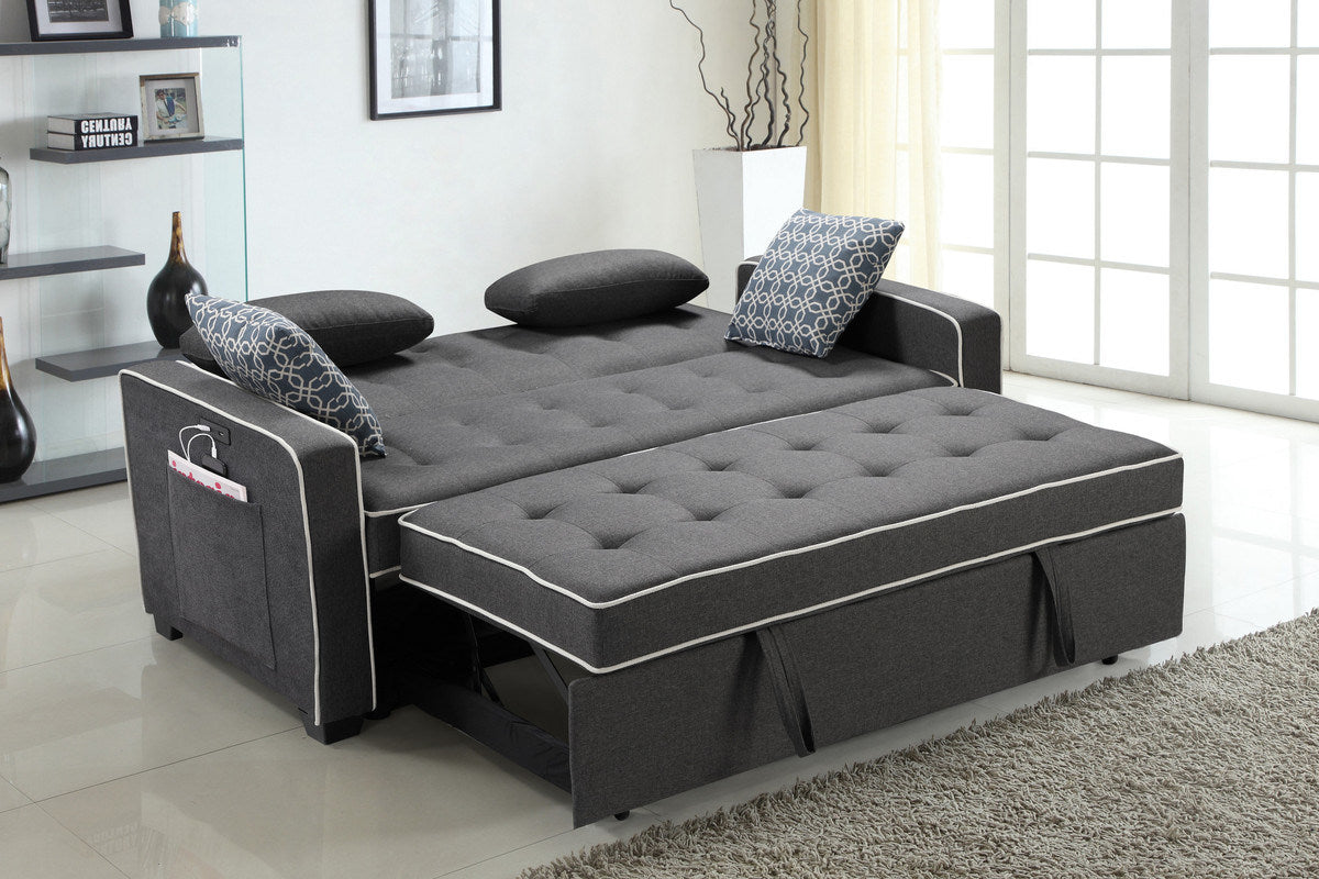 Austin 75" Modern Gray Fabric Sleeper Sofa with 2 USB Charging Ports and 4 Accent Pillows