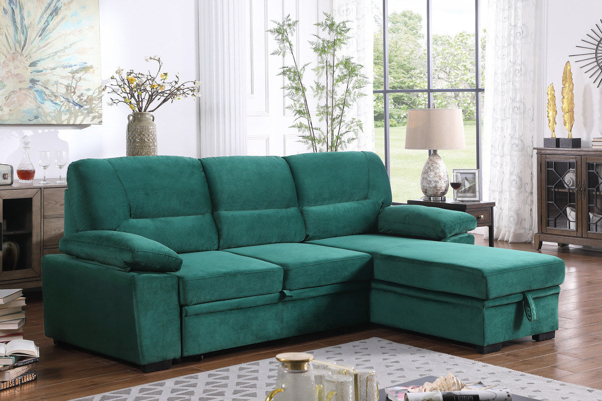 Kipling 97.5" Green Velvet Fabric Reversible Sleeper Sectional Sofa Chaise