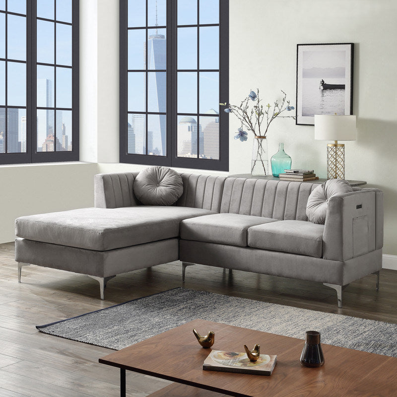 Chloe 85.5" Gray Velvet Sectional Sofa Chaise with USB Charging Port