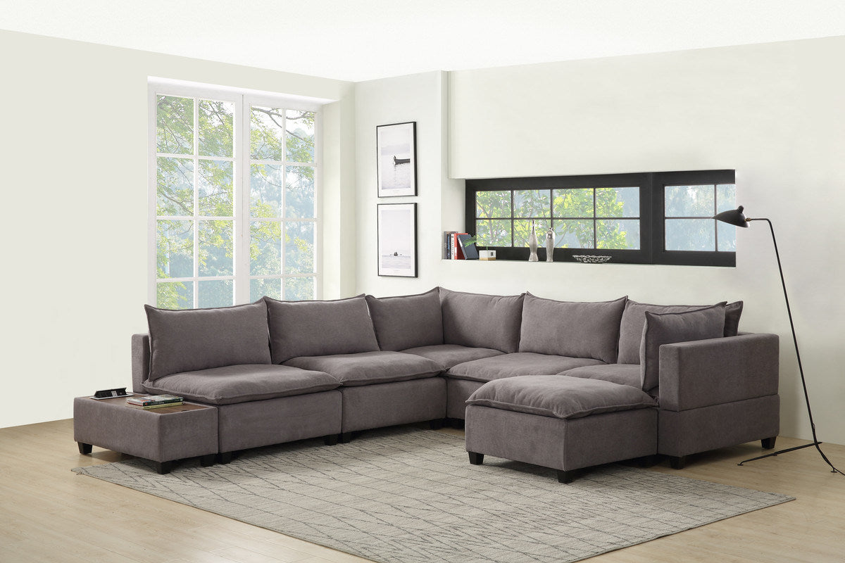 Madison 131.5" Light Gray Fabric 7 Piece Modular Sectional Sofa Chaise with USB Storage Console Table