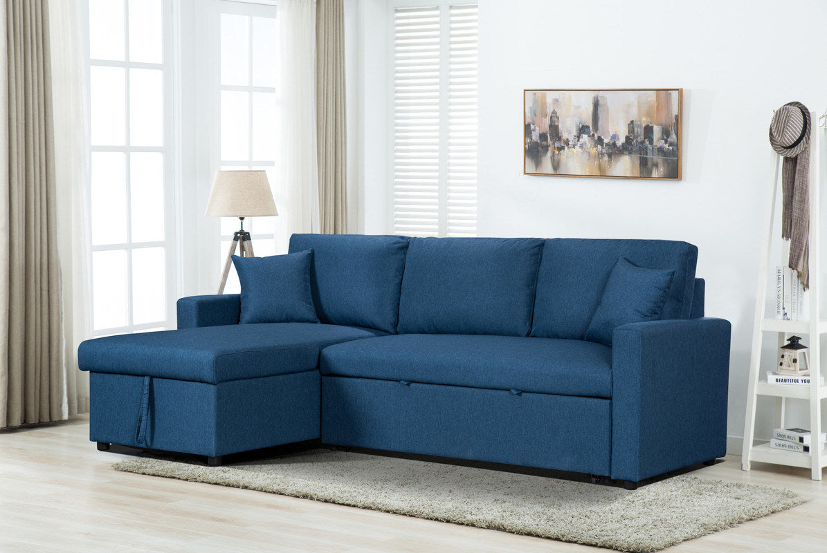 Paisley 82" Blue Linen Fabric Reversible Sleeper Sectional Sofa with Storage Chaise