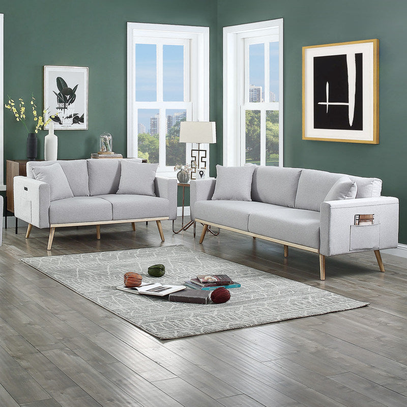 Easton Light Gray Linen Fabric Sofa Loveseat Living Room Set with USB Charging Ports Pockets & Pillows