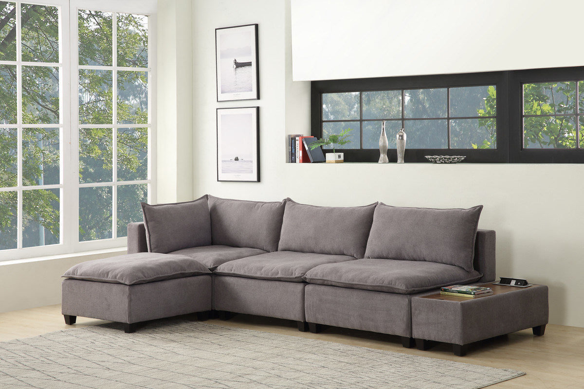 Madison 131.5" Light Gray Fabric 5 Piece Modular Sectional Sofa Ottoman with USB Storage Console Table