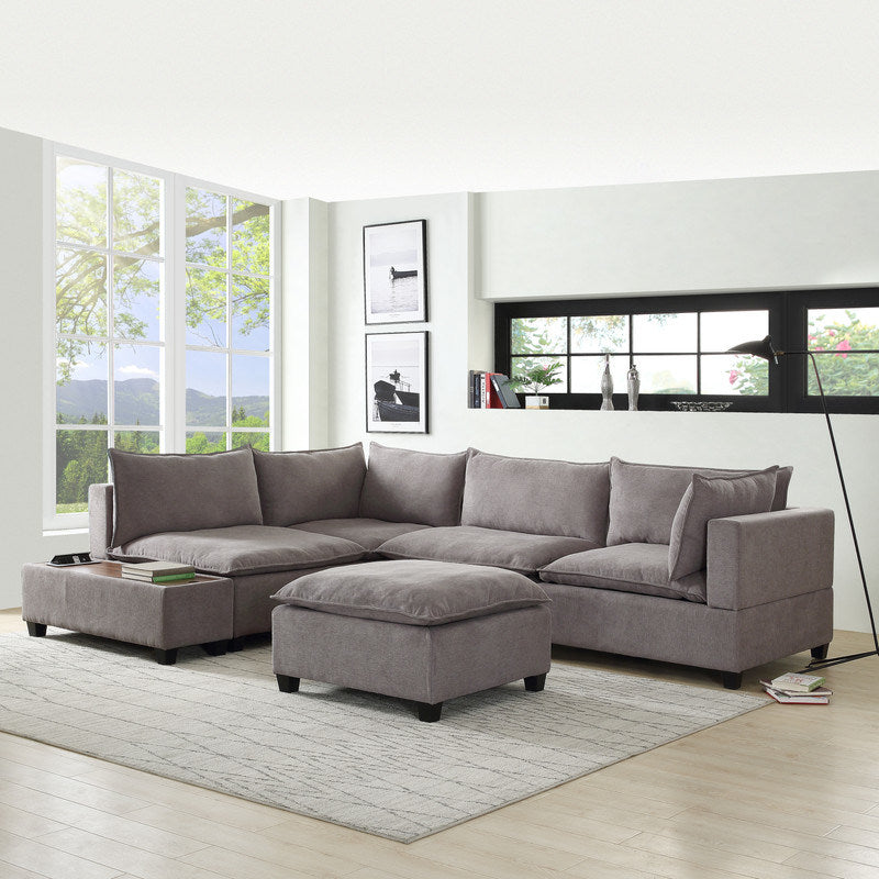 Madison 120" Light Gray Fabric 6 Piece Modular Sectional Sofa with Ottoman and USB Storage Console Table