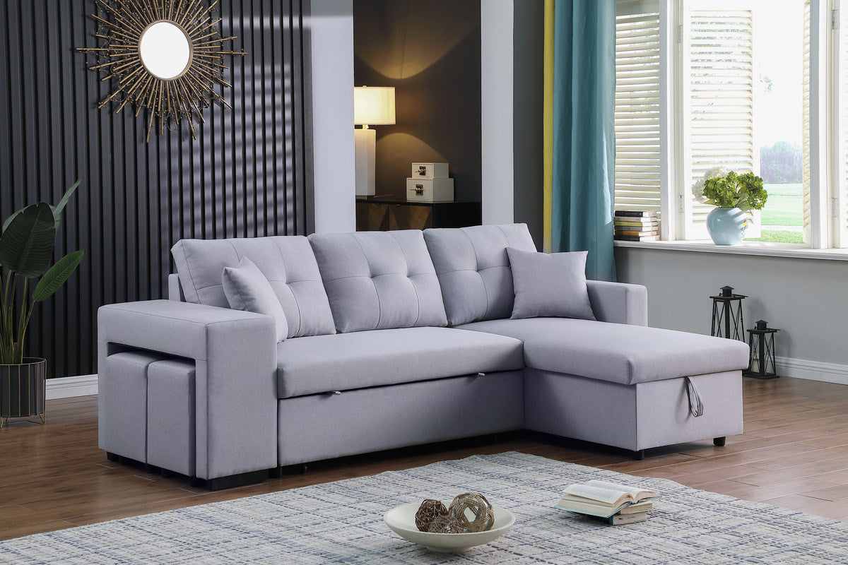 Dennis 93" Light Gray Linen Fabric Reversible Sleeper Sectional with Storage Chaise and 2 Stools