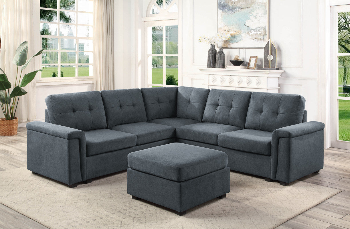 Isla 92.5" Gray Woven Fabric 6-Seater Sectional Sofa with Ottoman