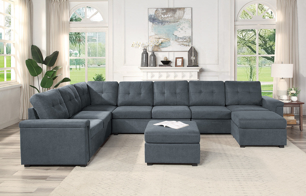 Isla 145" Gray Woven Fabric 9-Seater Sectional Sofa with Ottomans