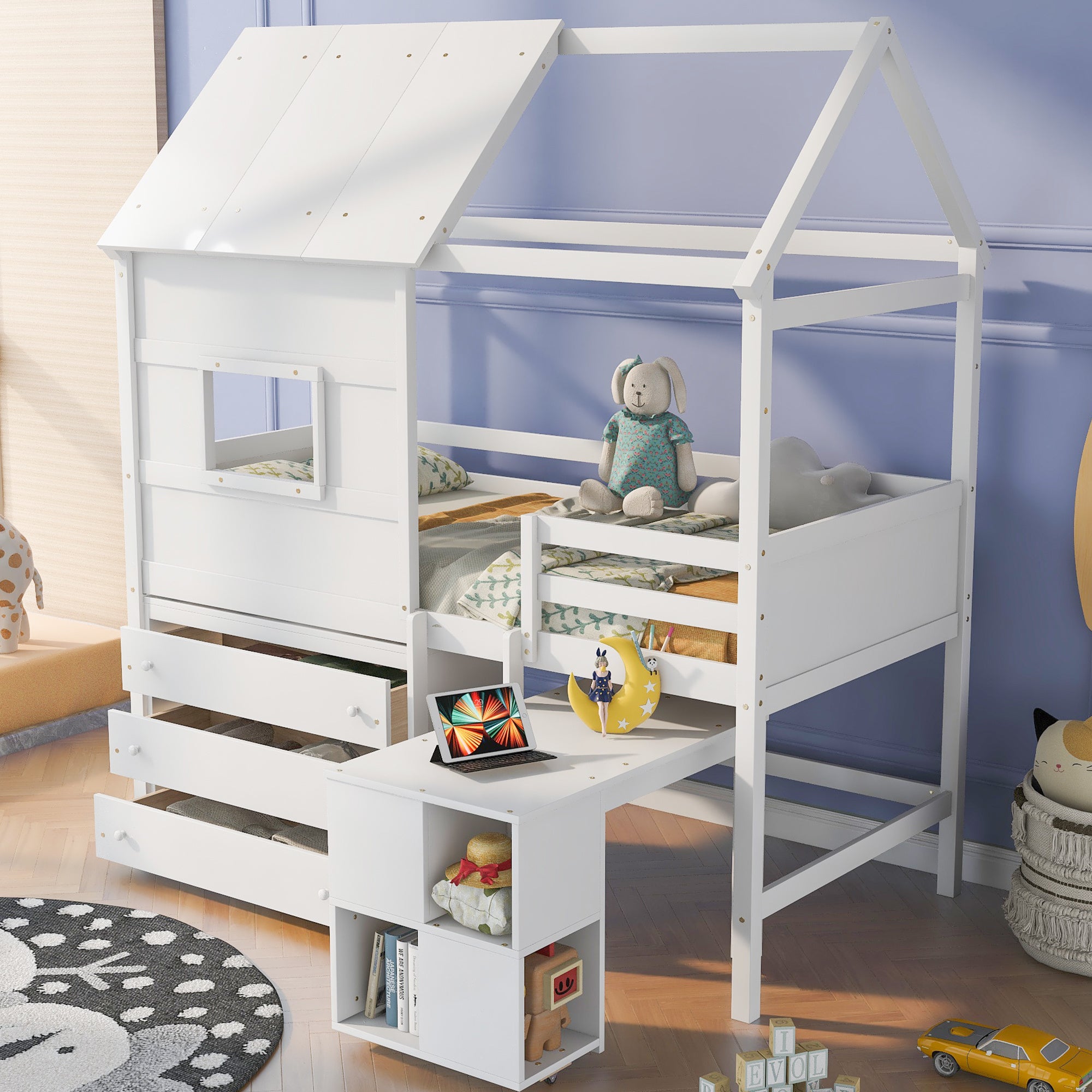 Twin Size House Loft Bed with Storage Desk and 3 Drawer Chest, White