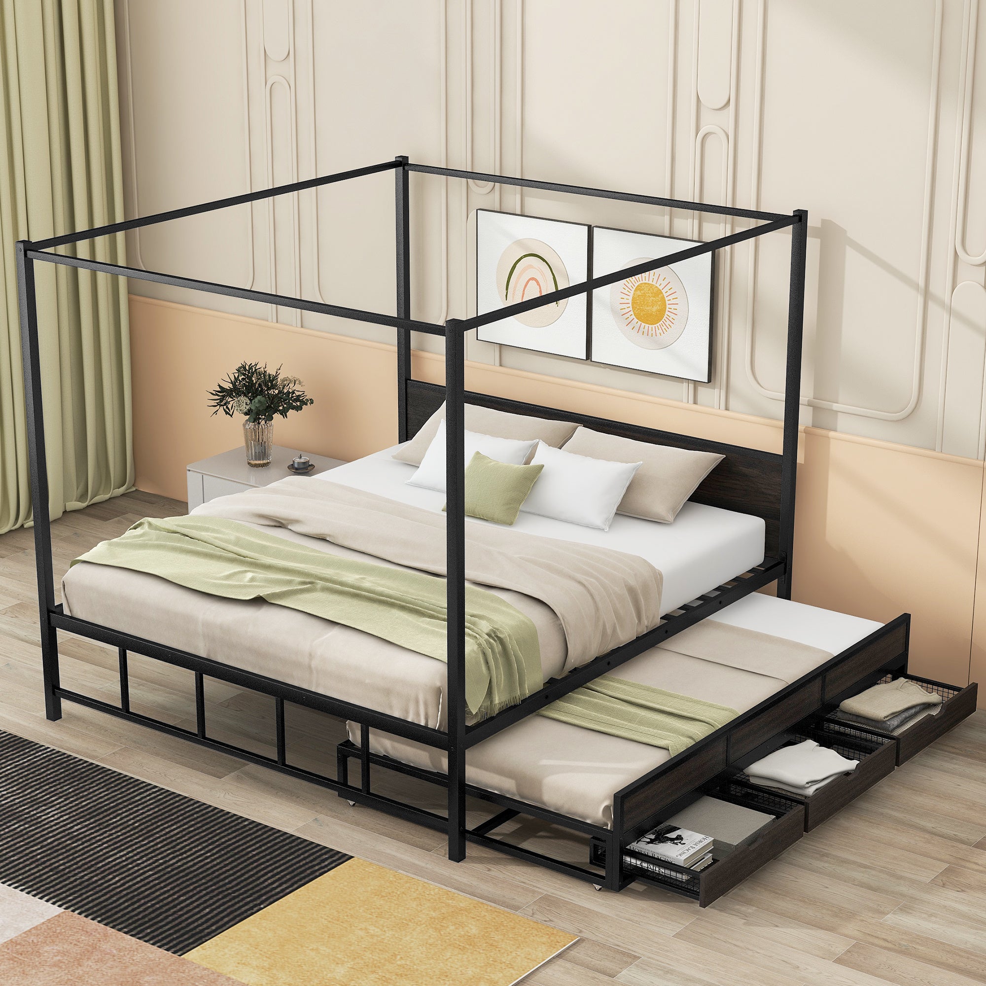 Queen Size Metal Canopy Platform Bed with Twin Size Trundle and 3 Storage Drawers, Black