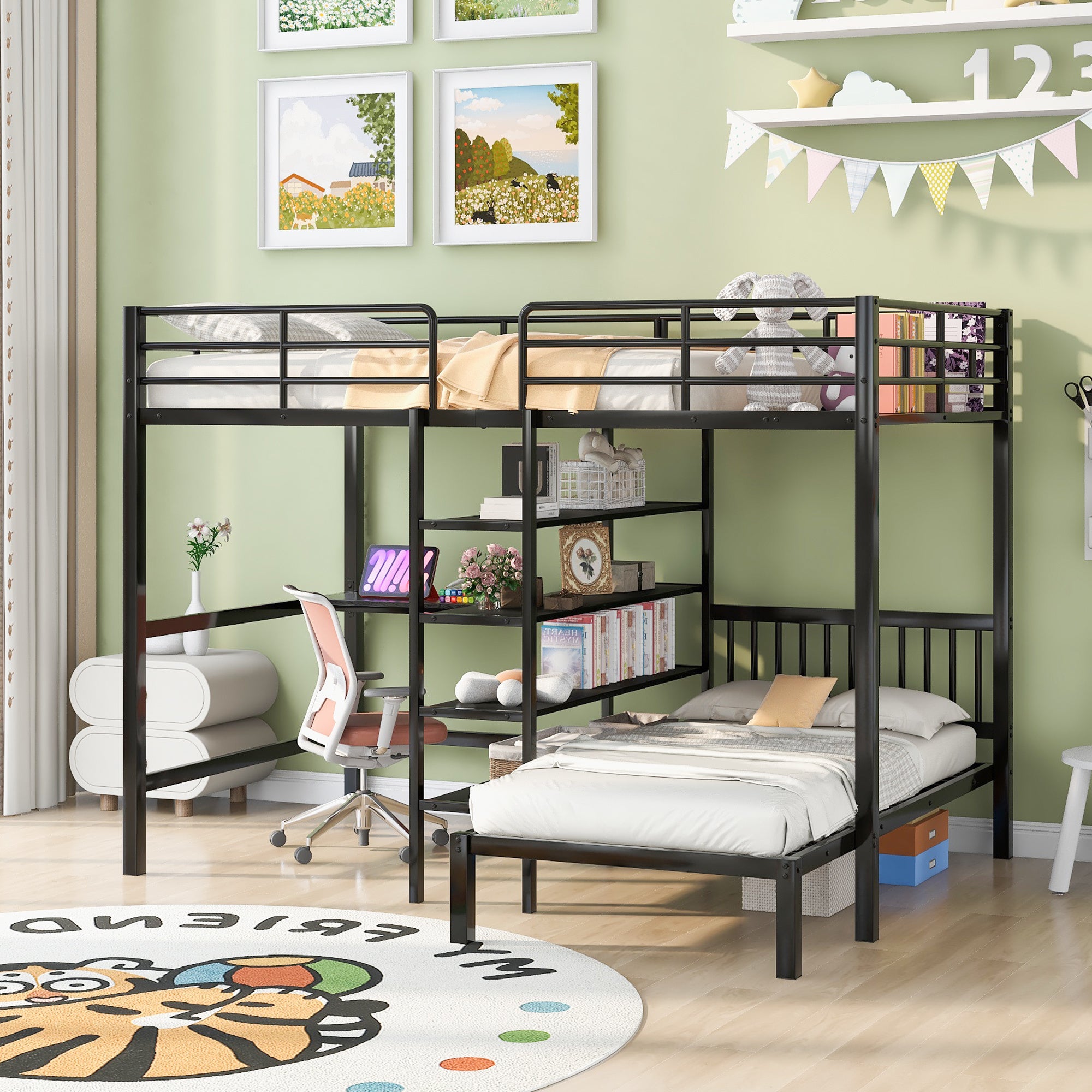 Full Over Twin Metal Bunk Bed with Built-in Desk, Shelves and Ladder, Black