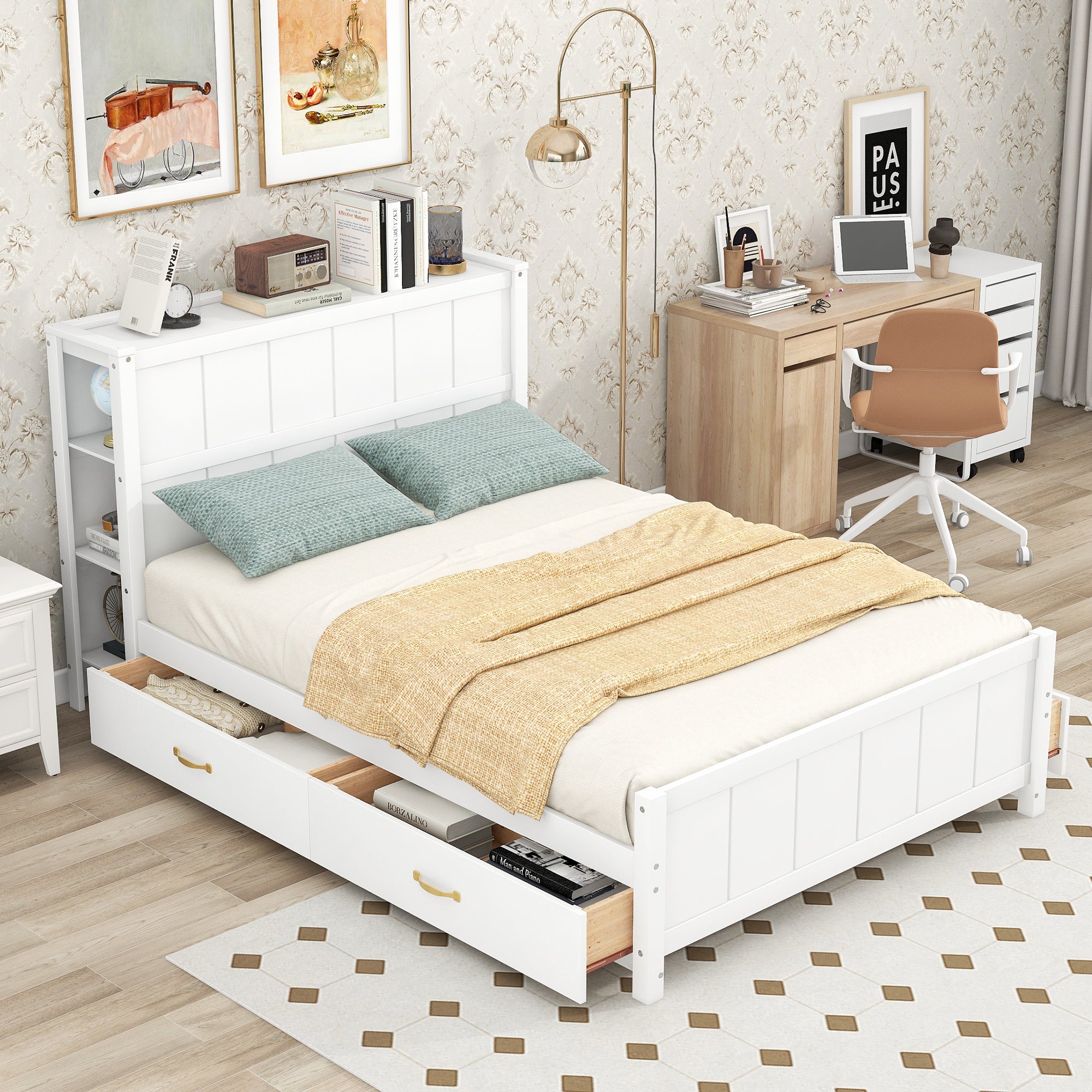 Full Size Platform Bed with Drawers and Storage Shelves, White