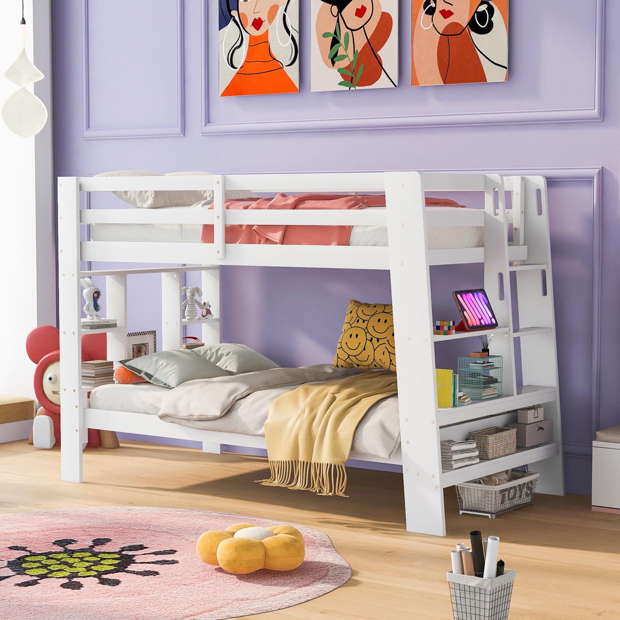 Twin over Twin Bunk Bed with Shelves and Built-in Ladder, White