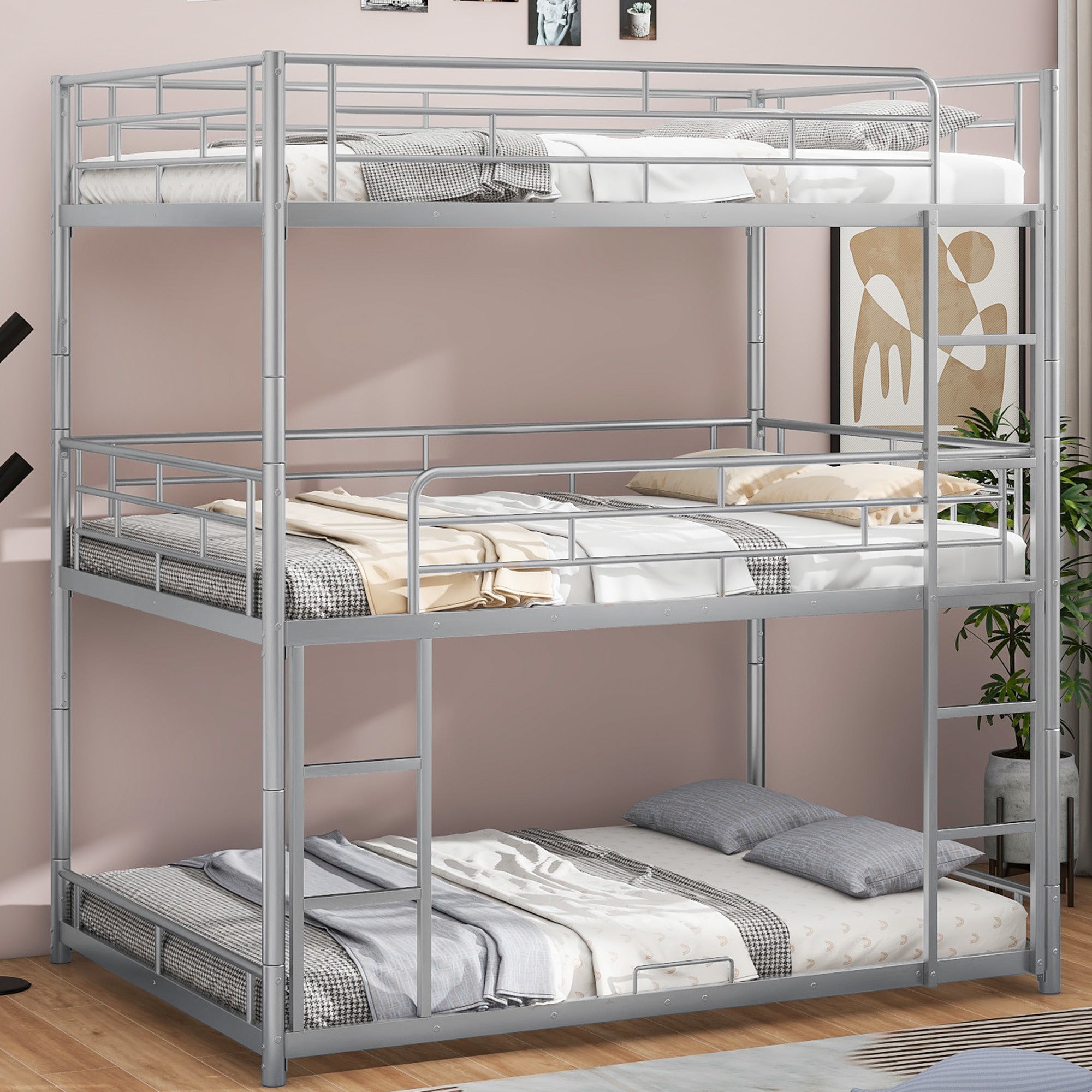 Metal Full Size Triple Bunk Bed, Silver