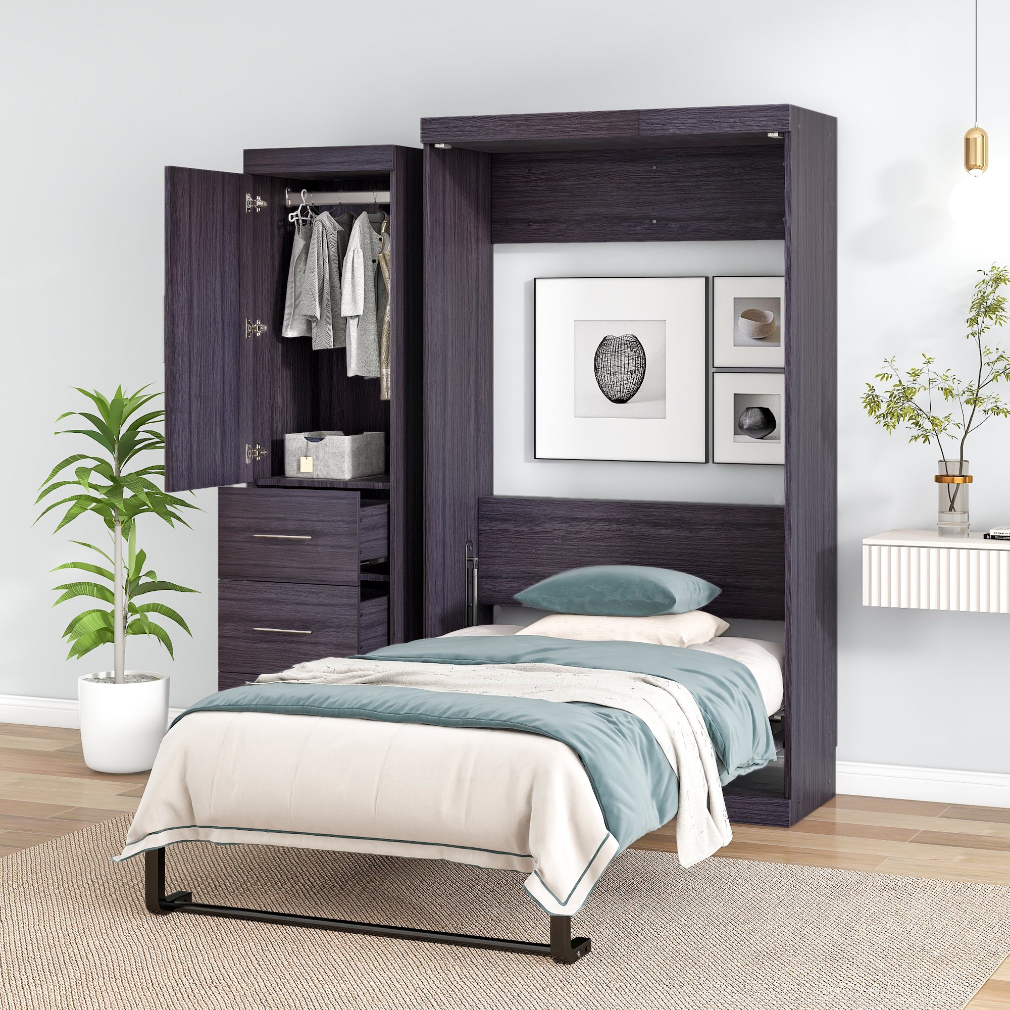 Twin Size Murphy Bed with Wardrobe and Drawers, Storage Bed, can be Folded into a Cabinet, Gray