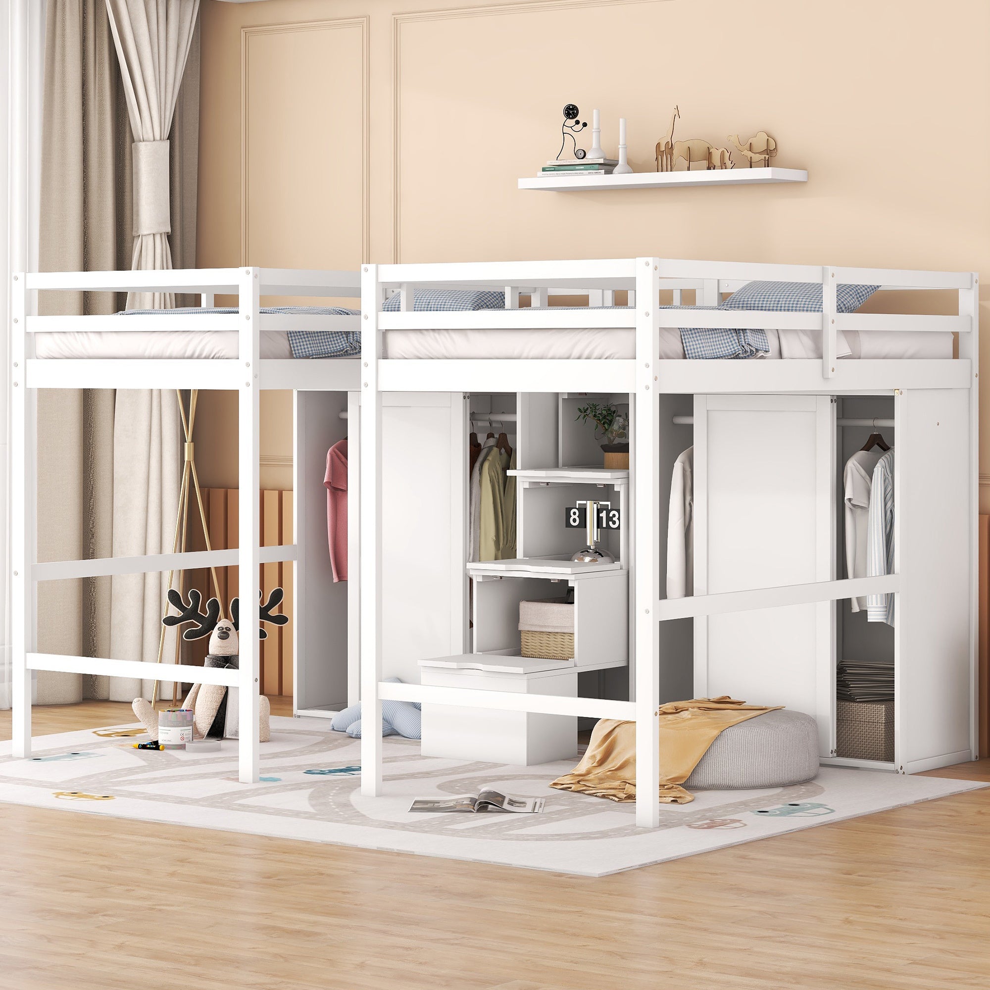 Double Twin Loft Beds with Wardrobes and Staircase, White