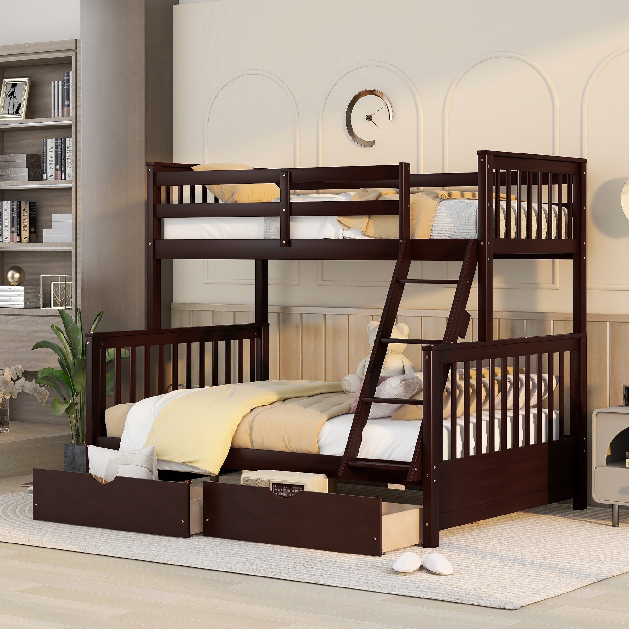 Twin-Over-Full Bunk Bed with Ladders and Two Storage Drawers(Espresso)( old sku:LT000165AAP)