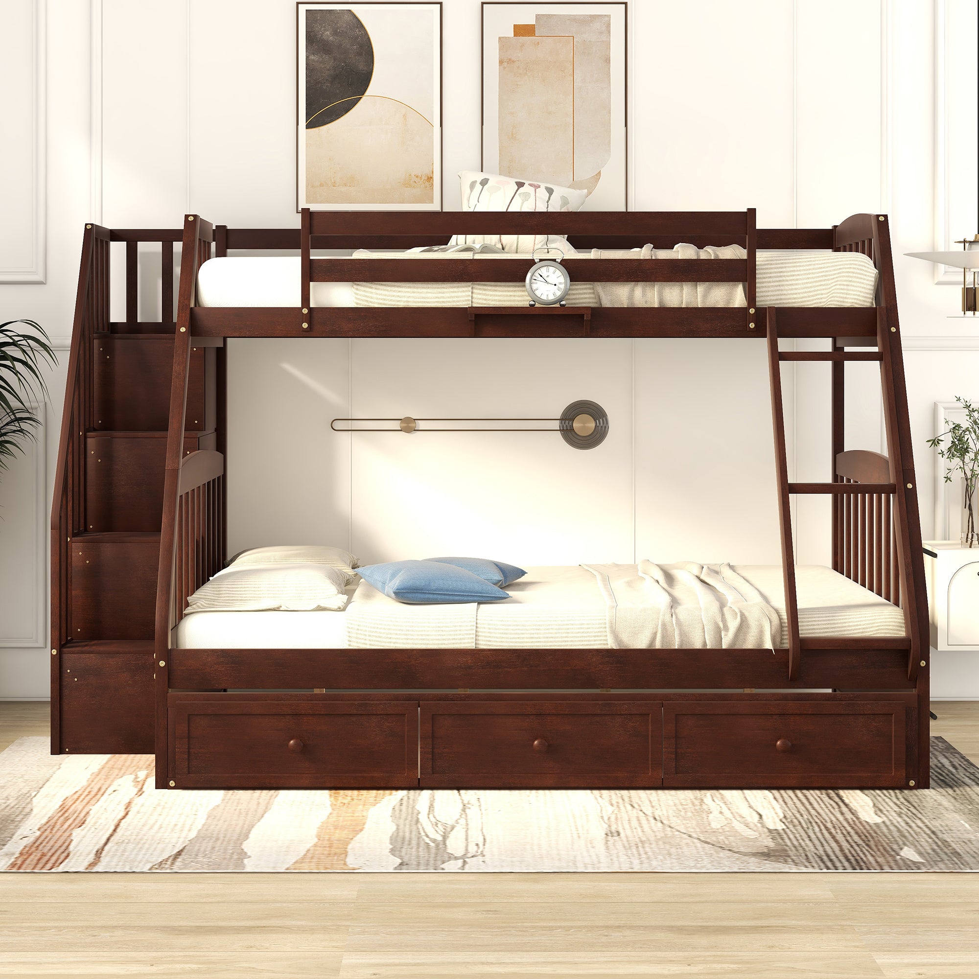 Twin-Over-Full Bunk Bed with Drawers, Ladder and Storage Staircase, Espresso