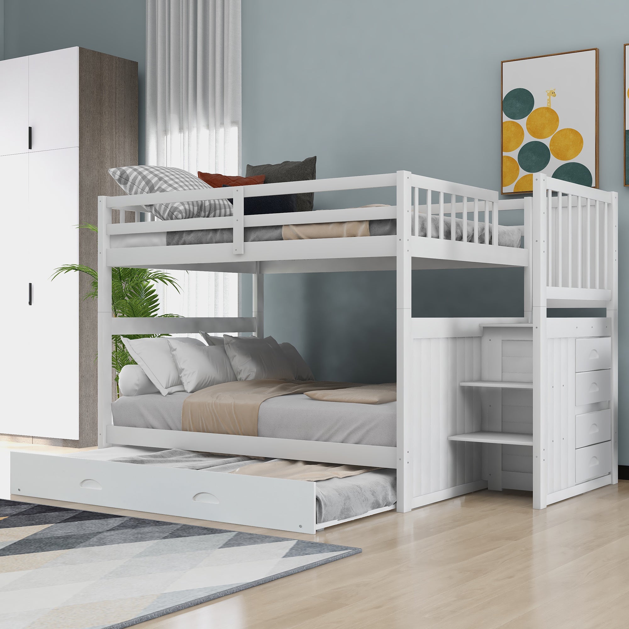 Full over Full Bunk Bed with Twin Size Trundle, White (old sku: LT000026AAK )