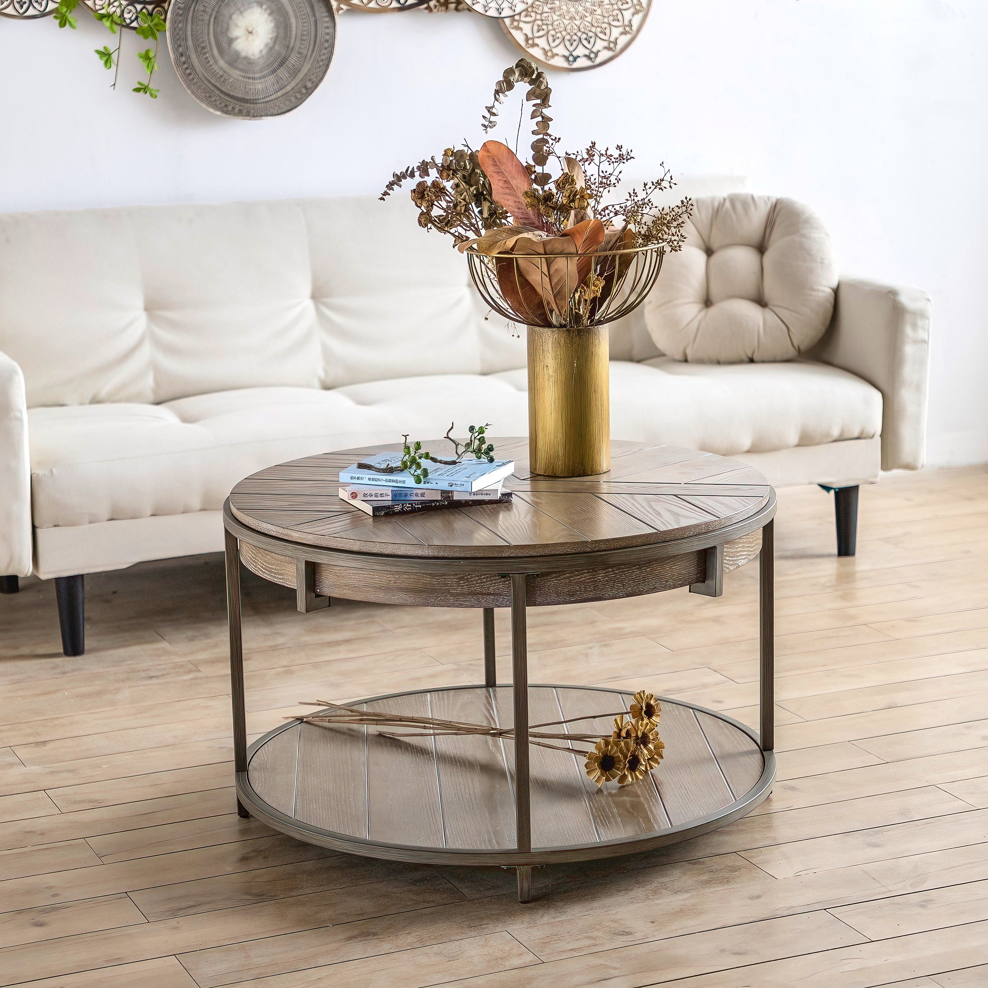 Round Wood Coffee Tables for Living Room, 2 Tier Farmhouse Circle Coffee Table with Metal Frame, Rustic Mid-Century Wooden Coffee Tables for Apartment, Easy Assembly(32" Dx32 Wx18 H)