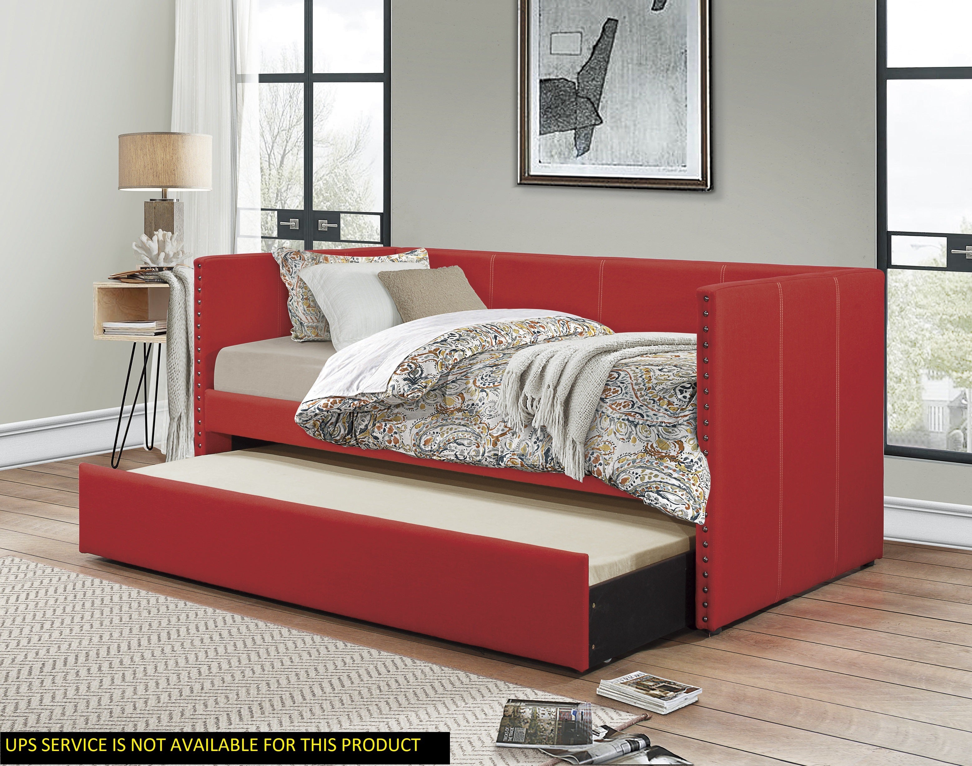 Red Fabric Upholstered 1pc Day Bed with Pull-out Trundle Nailhead Trim Wood Frame Furniture