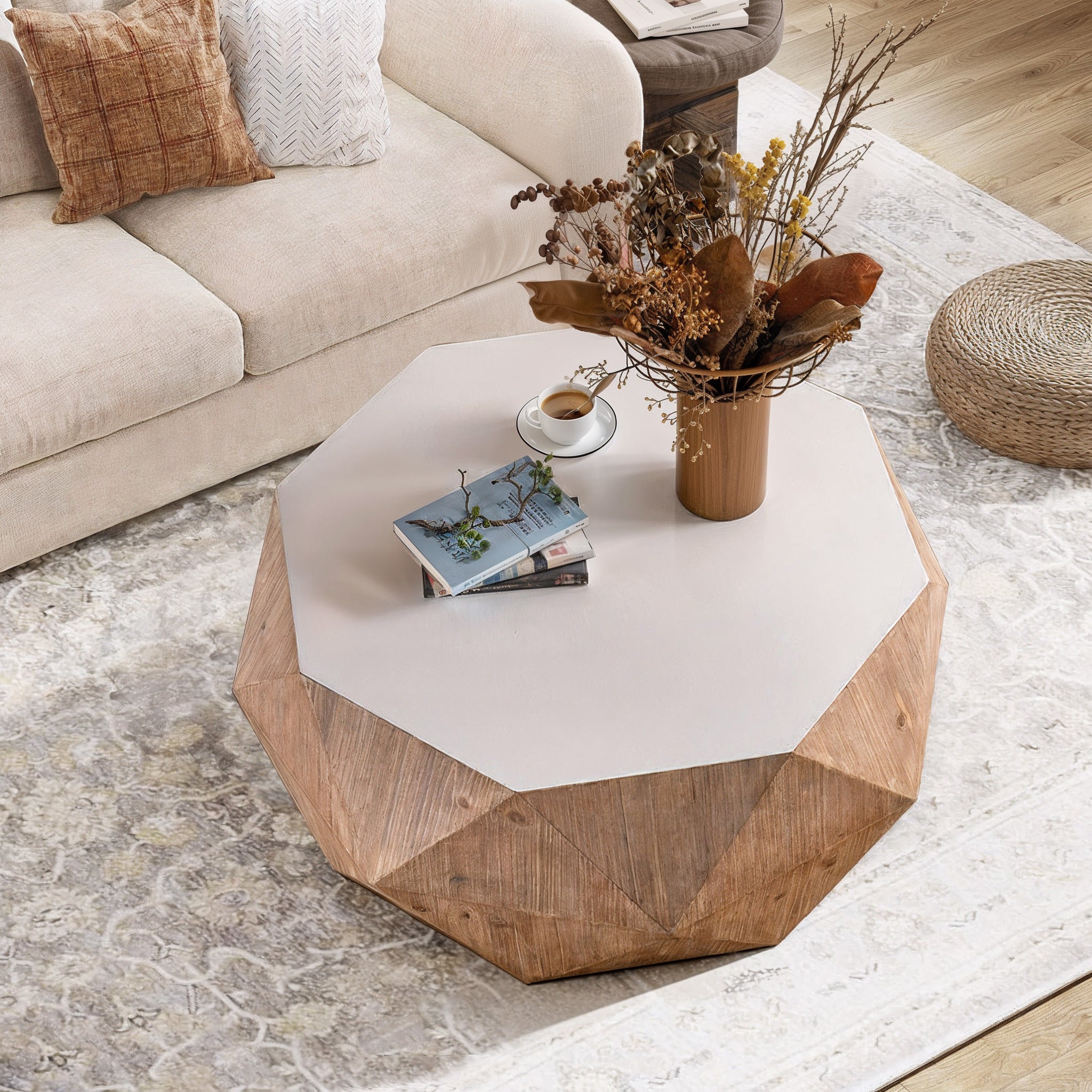 38"Three-dimensional Embossed Pattern Design American Retro Style Coffee Table,White Tabletop(Same SKU:W757102838)