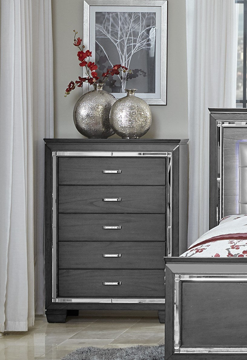 Modern Bedroom Gray Finish 1pc Chest of 5x Dovetail Drawers Beveled Mirror Trim Wooden Furniture Faux Crystal Handles