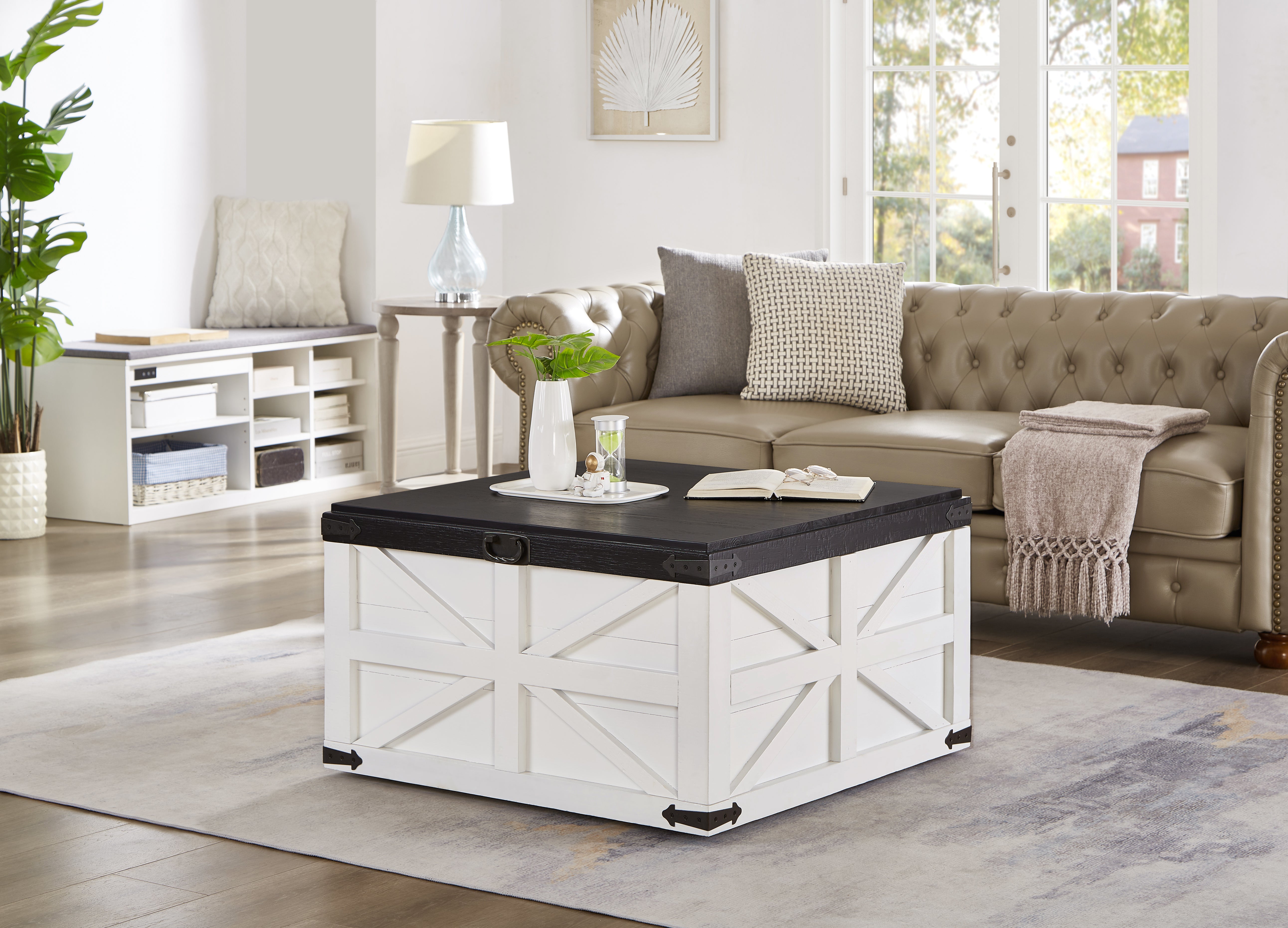 Coffee Table with Storage, Square Coffee Table Lift Top with Pull Tab for Living Room and Apartment, Rustic Cocktail Table Bohemian Style, 31.50x31.50x18.75, Black+White