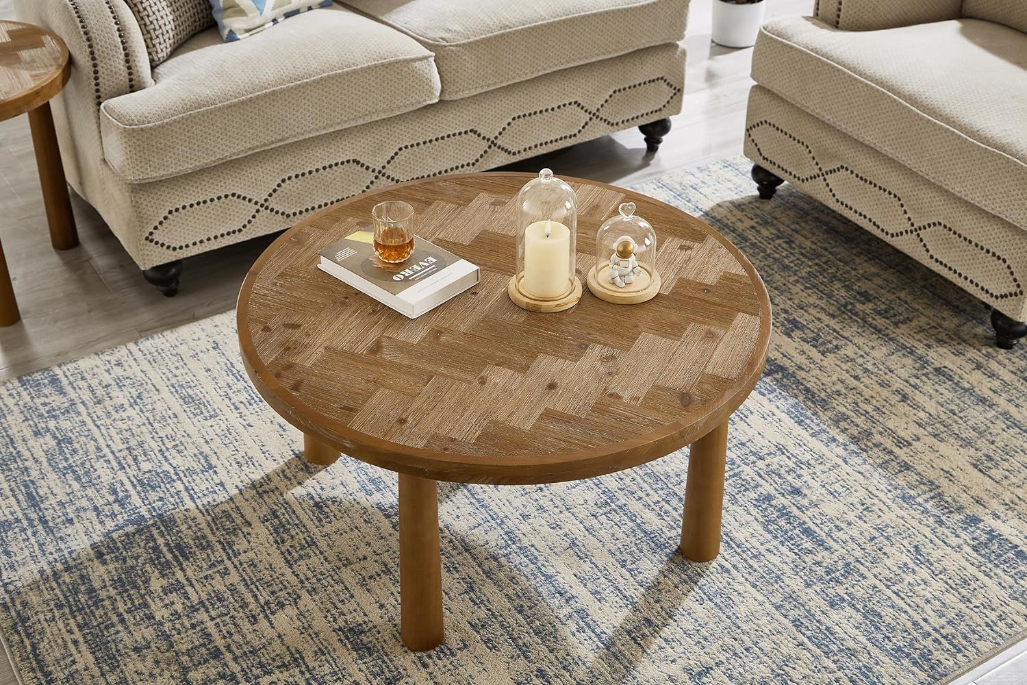 Living Room Central Round Table, Farmhouse Round Coffee Table, Round Wooden Rustic Natural Table with Thick Cylindrical Legs (Classic, 35.43 X 35.43 X 18.31 in)