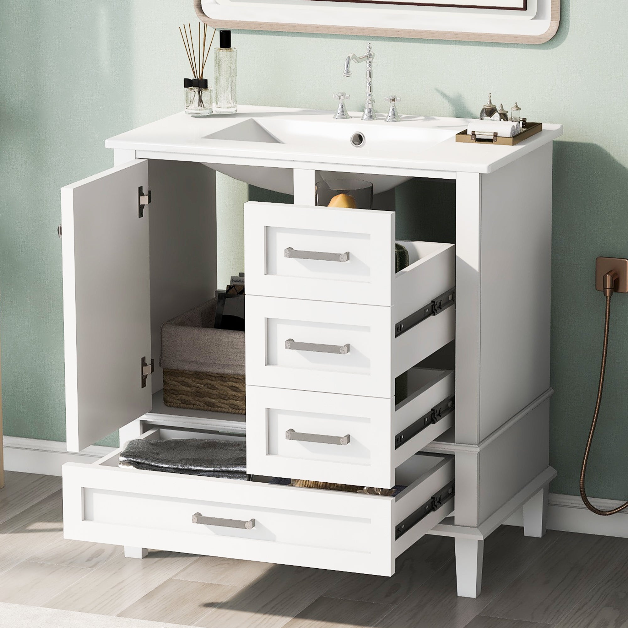 30" Bathroom Vanity , Modern Bathroom Cabinet with Sink Combo Set, Bathroom Storage Cabinet with a Soft Closing Door and 3 Drawers, Solid Wood Frame(White)