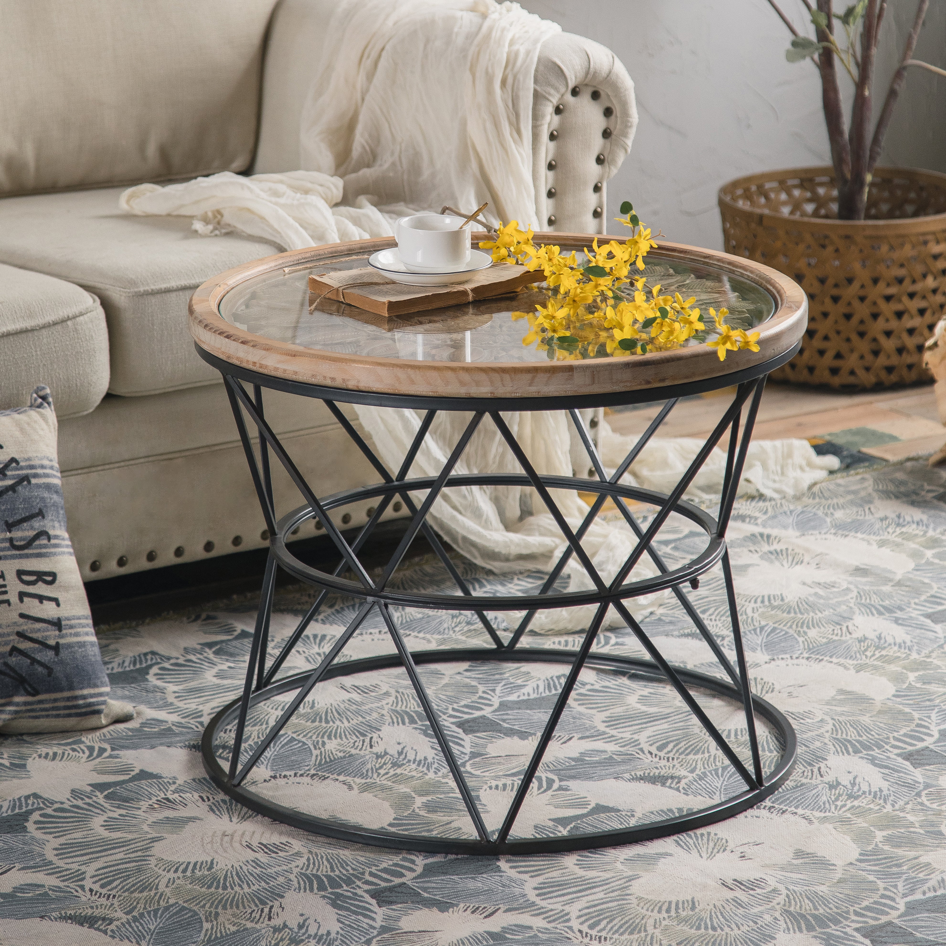 Round Coffee Table, Hand-Carved Top Pattern, with Round Glass, Wrought Iron Round Coffee Table, 25.98x25.98x20.28 in