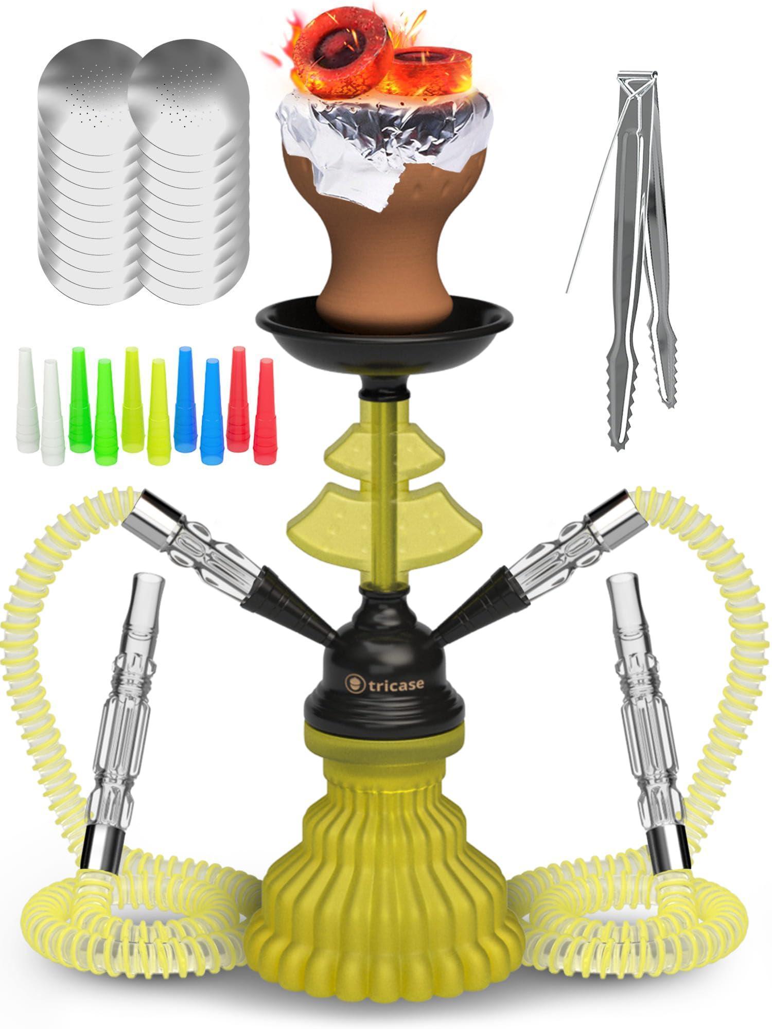 Neon Yellow Hookah Set 2 Hose Hookah LilOne 12 inch Mini Hookah Combo Kit with Prepunched Foil Hookas Bowl